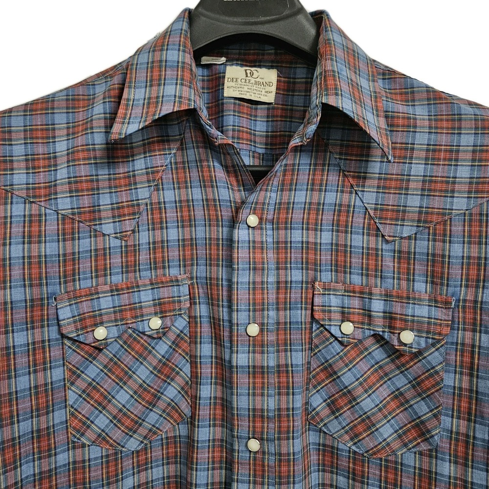 Dee Cee Brand Western Shirt Mens 16.5 Blue Red Plaid Pearl Snap Vintage USA